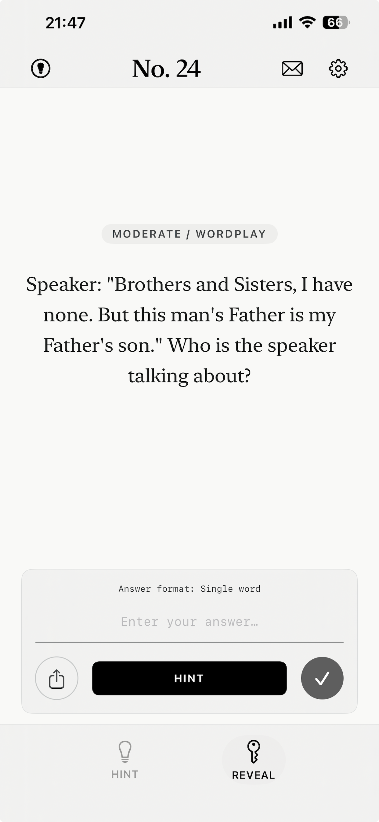 OutsmartMe app showing a wordplay riddle on iPhone